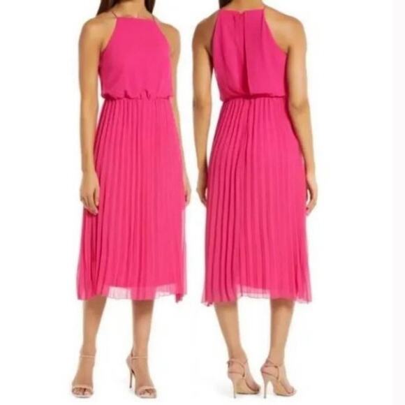 NWT Sam Edelman Pleated Skirt Midi Dress Sz S Elegant Soft Chiffon Pink Halter - Picture 1 of 9